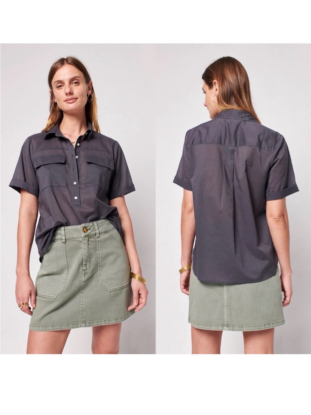 Faherty Organic Cotton collared shirt Top Charcoal Gray Short Sleeve Size Large
